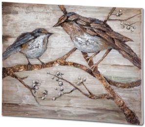 Ici Oil Painting (Momma & Baby Bird Original Hand Painted on Wood) 