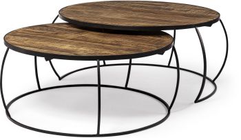 Clapp Nesting Coffee Tables (Set of 2 - Round Brown Wood Top Black Iron Base) 