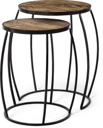 Clapp Nesting Accent Tables (IV - Set of 2 - Brown Round Wood Top with Black Iron Frame) 