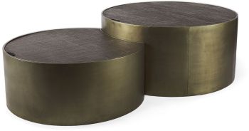 Eclipse Nesting Coffee Tables (Set of 2 - Round Brown Solid Wood Top Gold Metal Base) 