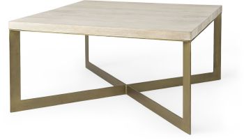 Faye Coffee Table (Light Brown Wood with Gold Metal Base Square) 